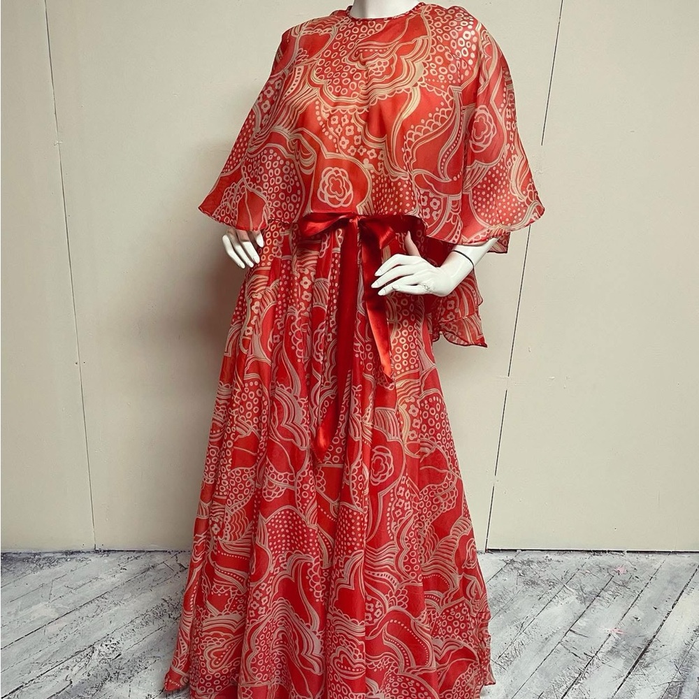 Vintage Holt Renfrew Red Butterfly Cape Maxi Dress/ Luxury Boho Gown